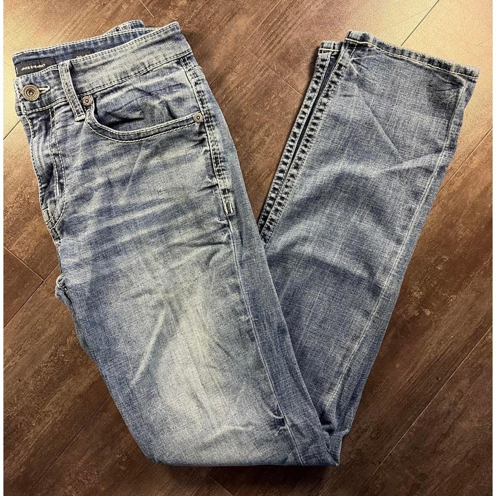 BKE Jake Straight Jeans Mens 32x34 Blue Light Wash Distressed Denim Straight Leg